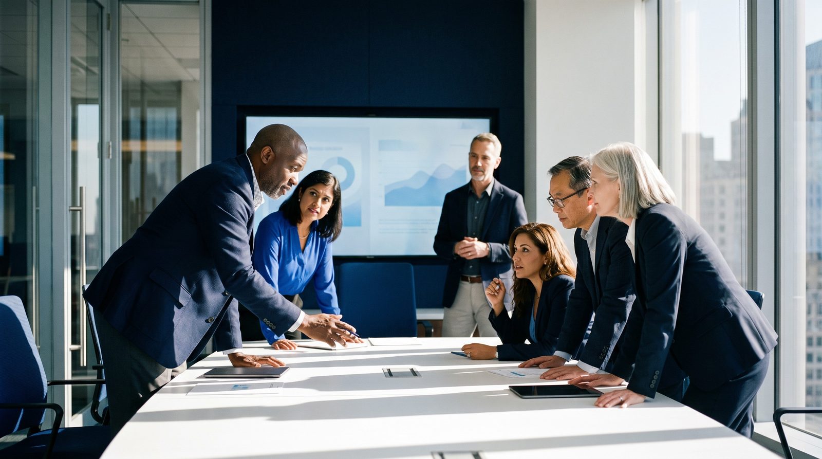 A diverse group of business leaders collaborating around a conference table in front of a data display